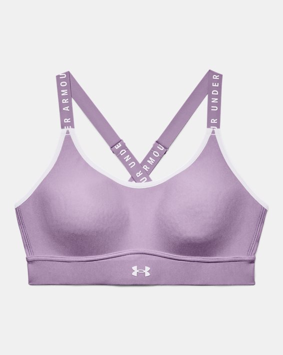 Women's UA Infinity Mid Heather Cover Sports Bra in Purple image number 8